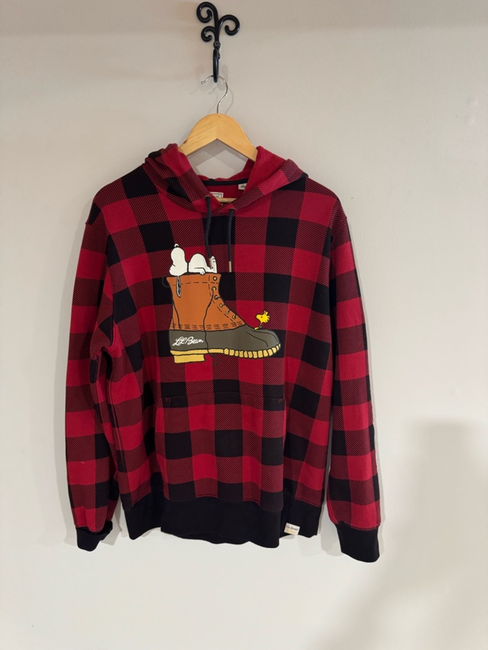 L.L. Bean Red and Black Buffalo Plaid Hoodie with Snoopy Boot Graphic